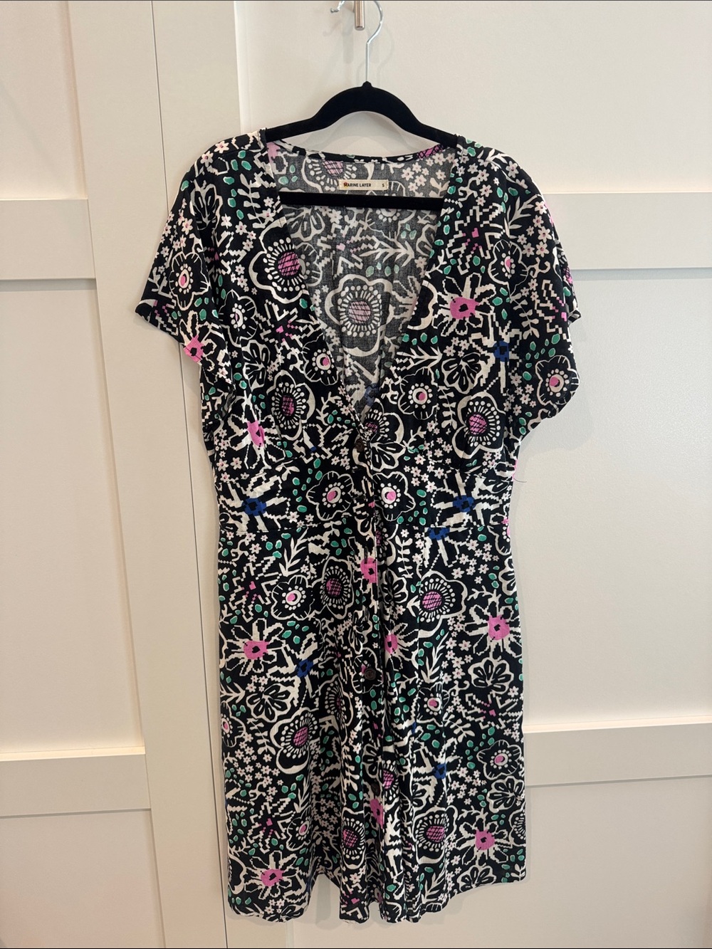 Marine Layer Black Floral Button-Front Dress with Pink & Teal Accents